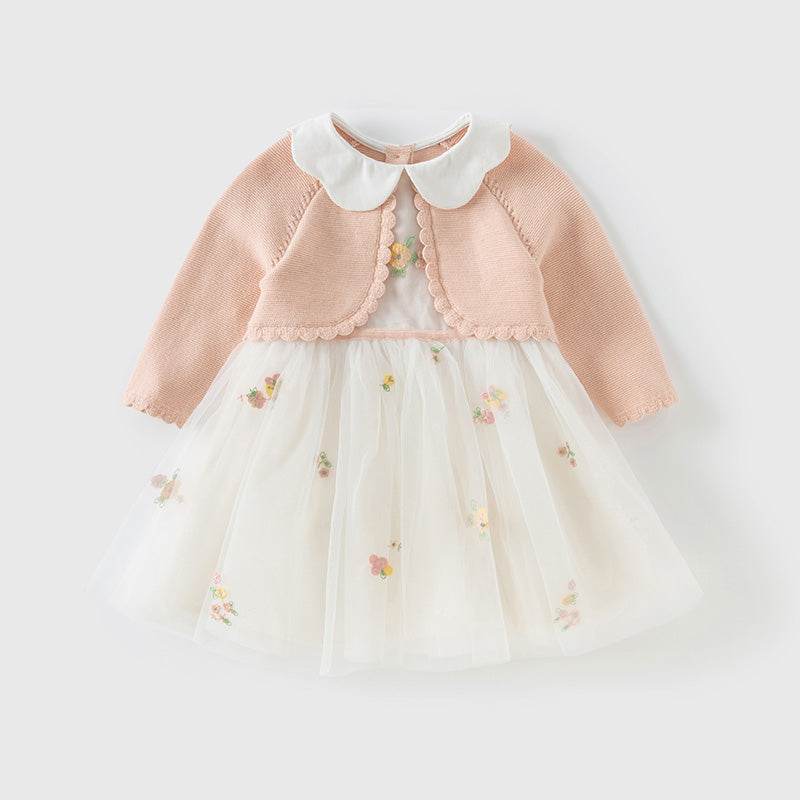 فستان للأطفال بأكمام طويلة من التريكو الوردي البرتقالي مع تنورة من التول