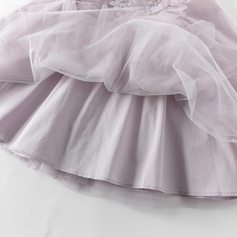 فستان أميرة للبنات الصغيرات بأكمام طويلة من التول البنفسجي مزين بتطريز زهور