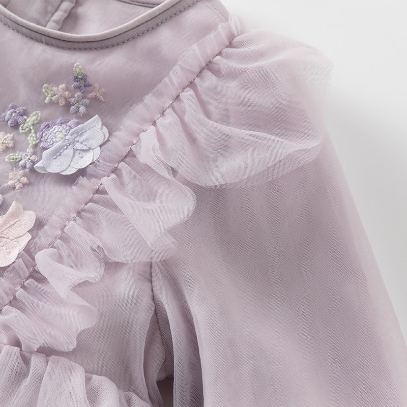 فستان أميرة للبنات الصغيرات بأكمام طويلة من التول البنفسجي مزين بتطريز زهور