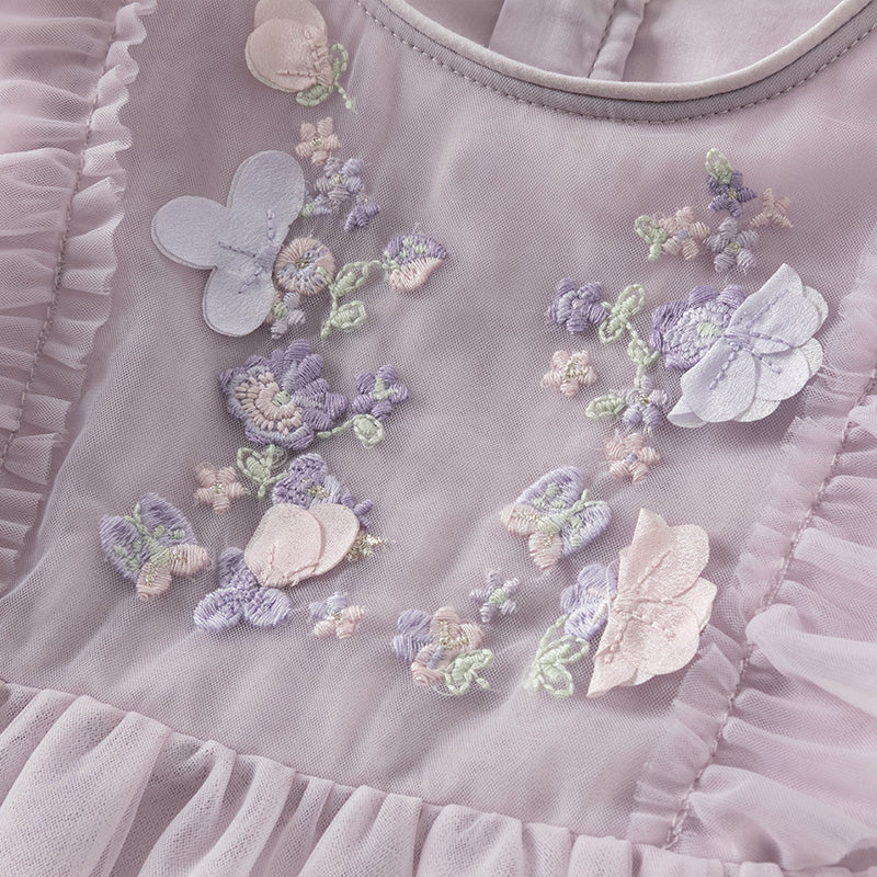 فستان أميرة للبنات الصغيرات بأكمام طويلة من التول البنفسجي مزين بتطريز زهور