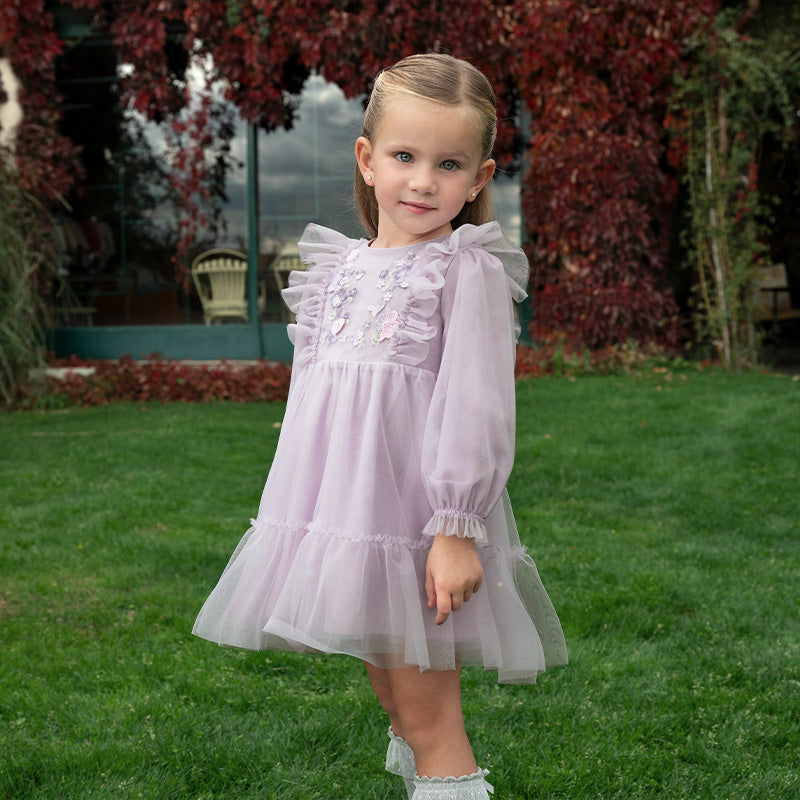 فستان أميرة للبنات الصغيرات بأكمام طويلة من التول البنفسجي مزين بتطريز زهور