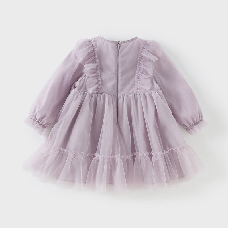 فستان أميرة للبنات الصغيرات بأكمام طويلة من التول البنفسجي مزين بتطريز زهور