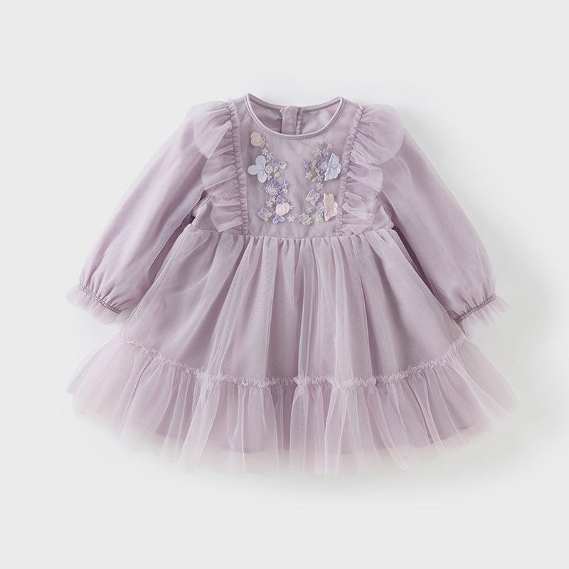 فستان أميرة للبنات الصغيرات بأكمام طويلة من التول البنفسجي مزين بتطريز زهور