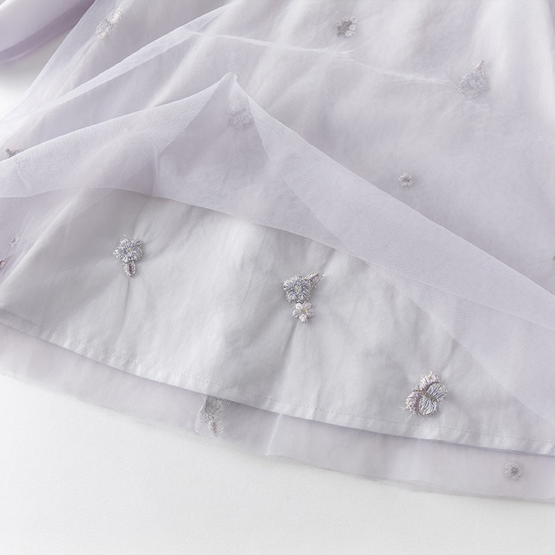 فستان بنات بأكمام طويلة من التول بنفسجي غباري تصميم صيني (يشمل حقيبة كروس)