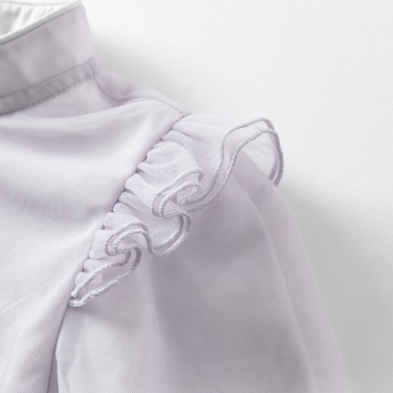 فستان بنات بأكمام طويلة من التول بنفسجي غباري تصميم صيني (يشمل حقيبة كروس)