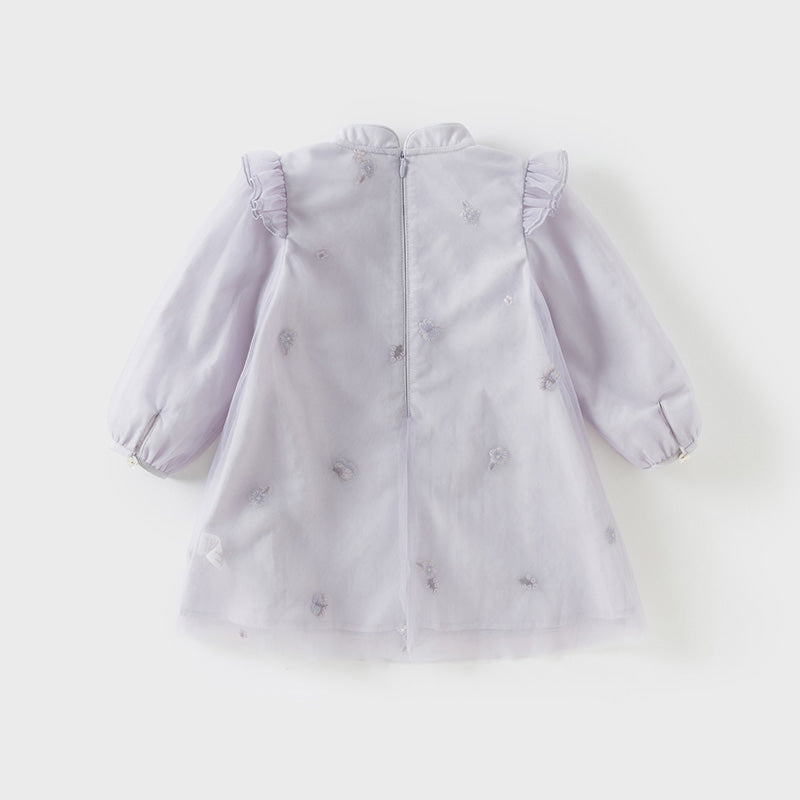 فستان بنات بأكمام طويلة من التول بنفسجي غباري تصميم صيني (يشمل حقيبة كروس)