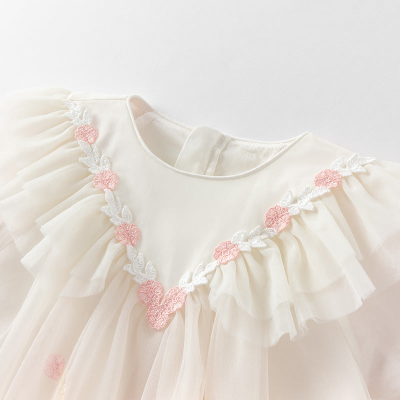 فستان بنات بأكمام طويلة من التول وردي صدفي بتدرج لوني تصميم أميري