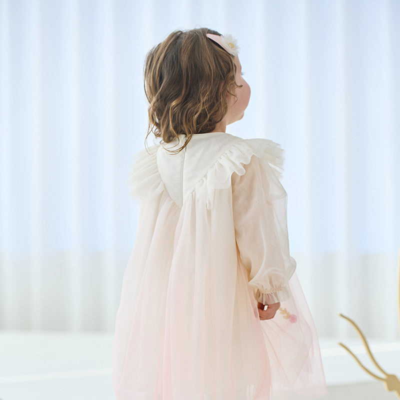 فستان بنات بأكمام طويلة من التول وردي صدفي بتدرج لوني تصميم أميري