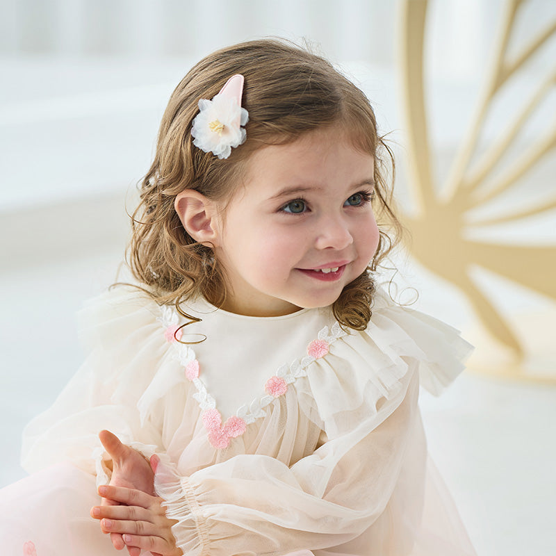 فستان بنات بأكمام طويلة من التول وردي صدفي بتدرج لوني تصميم أميري