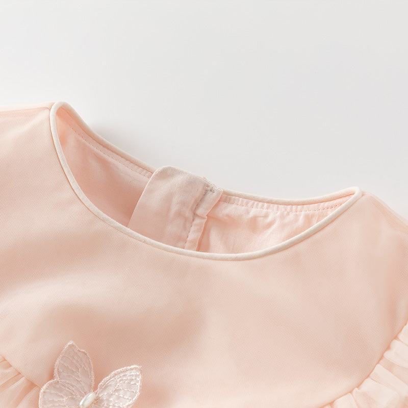 فستان بنات بأكمام طويلة من التول وردي خوخي تصميم أميري مزين بفراشات ثلاثية الأبعاد