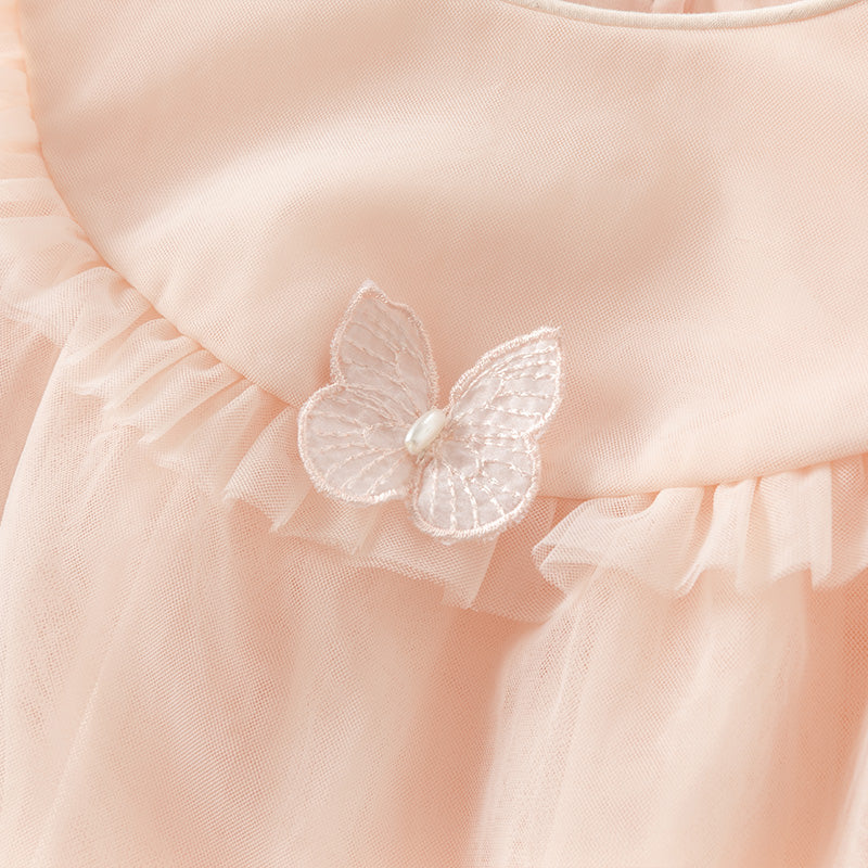 فستان بنات بأكمام طويلة من التول وردي خوخي تصميم أميري مزين بفراشات ثلاثية الأبعاد