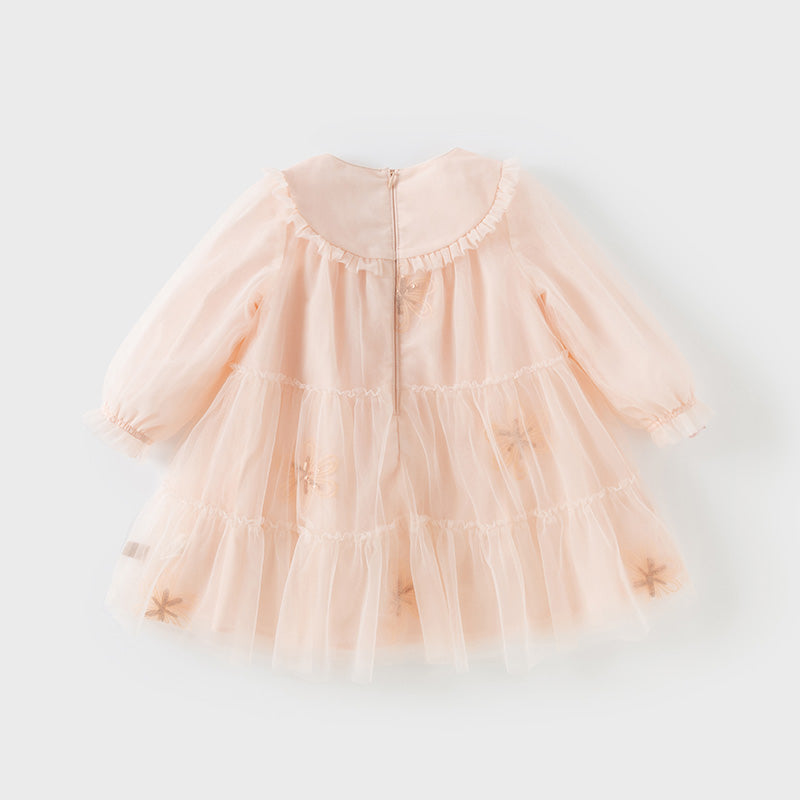 فستان بنات بأكمام طويلة من التول وردي خوخي تصميم أميري مزين بفراشات ثلاثية الأبعاد