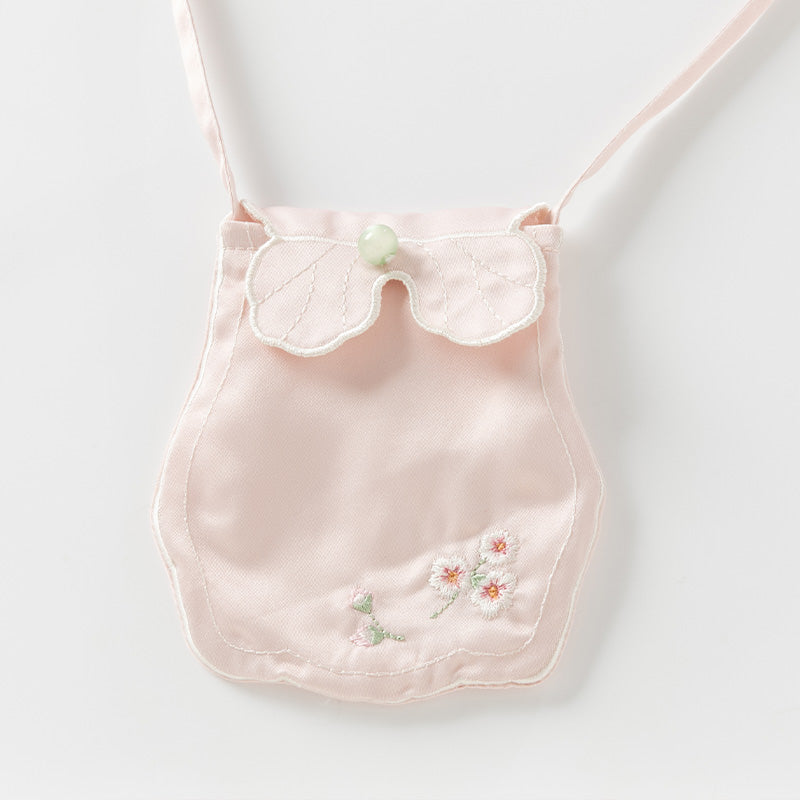 فستان بنات طويل الأكمام من التول باللون الوردي الخوخي بأسلوب صيني عصري (يشمل حقيبة كروس)