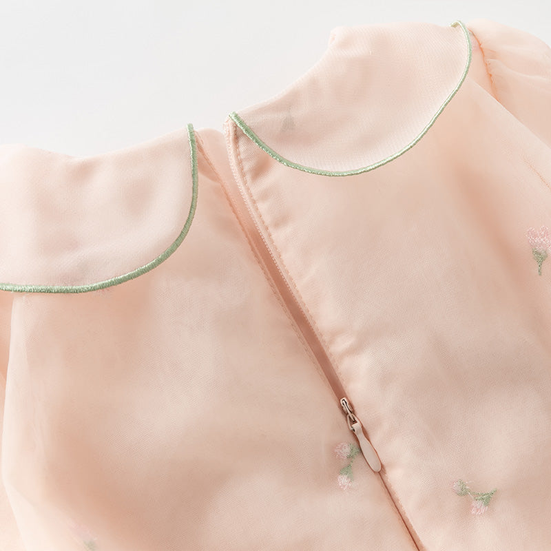 فستان بنات طويل الأكمام من التول باللون الوردي الخوخي بأسلوب صيني عصري (يشمل حقيبة كروس)