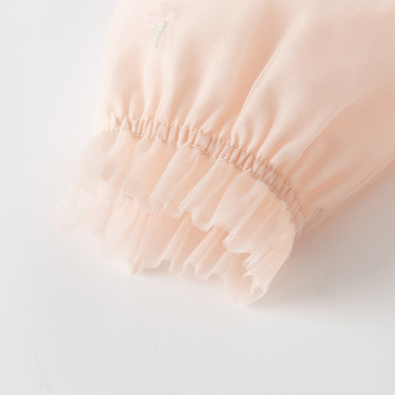 فستان بنات طويل الأكمام من التول باللون الوردي الخوخي بأسلوب صيني عصري (يشمل حقيبة كروس)