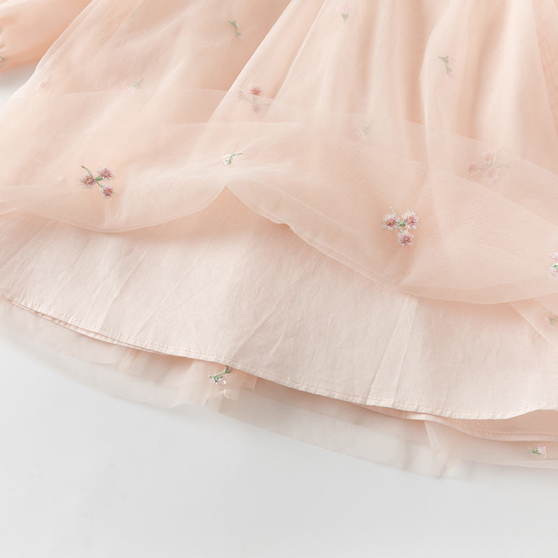 فستان بنات طويل الأكمام من التول باللون الوردي الخوخي بأسلوب صيني عصري (يشمل حقيبة كروس)