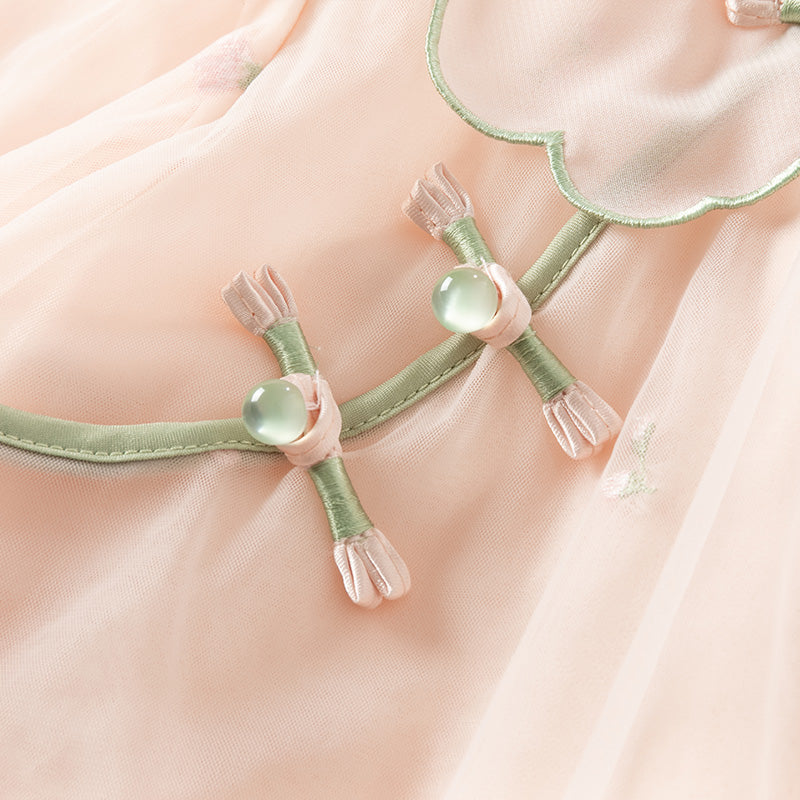 فستان بنات طويل الأكمام من التول باللون الوردي الخوخي بأسلوب صيني عصري (يشمل حقيبة كروس)