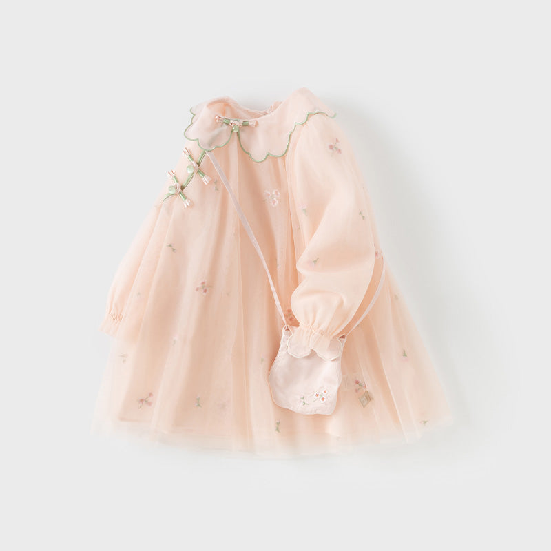 فستان بنات طويل الأكمام من التول باللون الوردي الخوخي بأسلوب صيني عصري (يشمل حقيبة كروس)