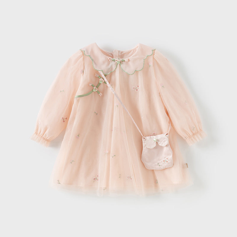 فستان بنات طويل الأكمام من التول باللون الوردي الخوخي بأسلوب صيني عصري (يشمل حقيبة كروس)