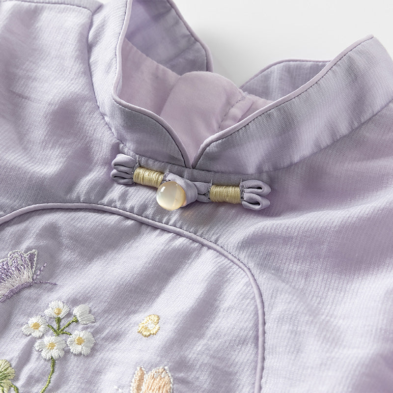 فستان بنات طويل الأكمام من التول باللون البنفسجي الغباري بأسلوب صيني عصري