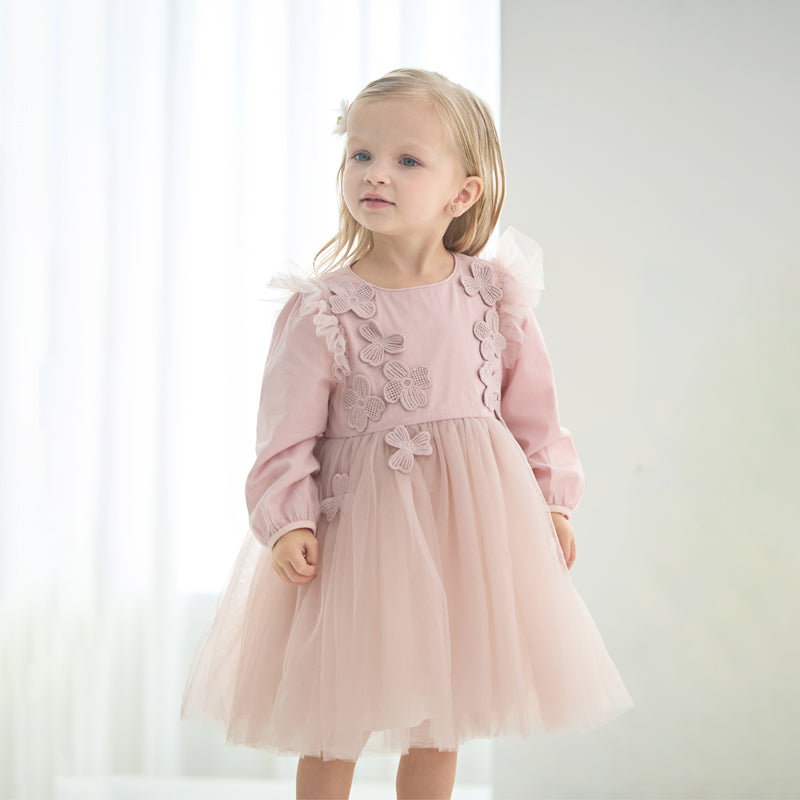 فستان للبنات الصغيرات بأكمام طويلة من التول الوردي بتصميم أنيق مزين بتطريز دانتيل وزهور ثلاثية الأبعاد