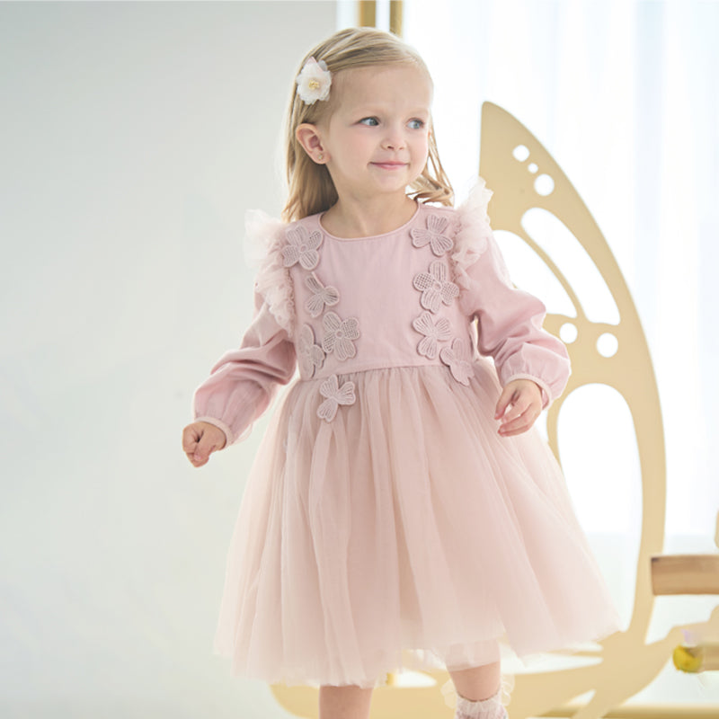 فستان للبنات الصغيرات بأكمام طويلة من التول الوردي بتصميم أنيق مزين بتطريز دانتيل وزهور ثلاثية الأبعاد