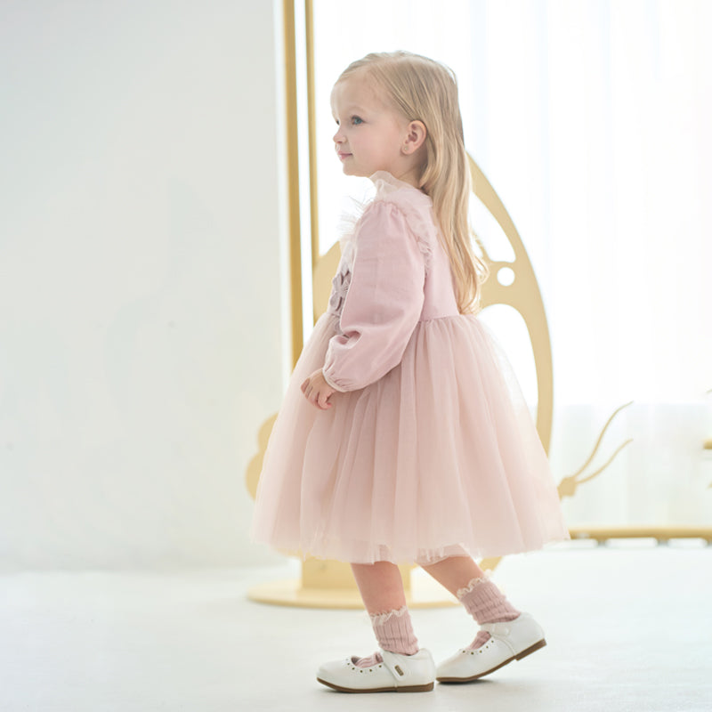 فستان للبنات الصغيرات بأكمام طويلة من التول الوردي بتصميم أنيق مزين بتطريز دانتيل وزهور ثلاثية الأبعاد