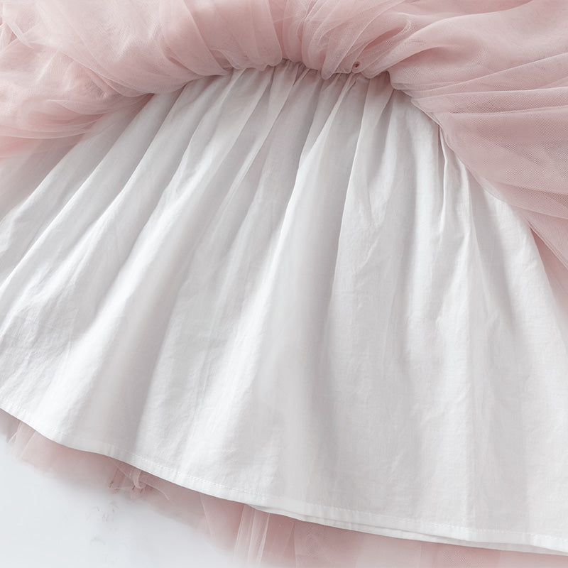 فستان للبنات الصغيرات بأكمام طويلة من التول الوردي بتصميم أنيق مزين بتطريز دانتيل وزهور ثلاثية الأبعاد