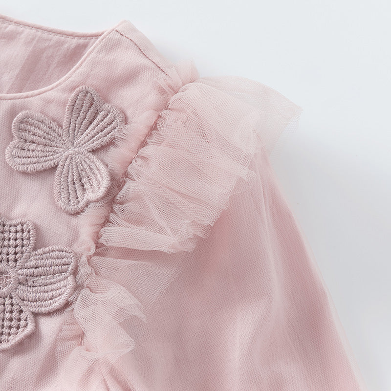 فستان للبنات الصغيرات بأكمام طويلة من التول الوردي بتصميم أنيق مزين بتطريز دانتيل وزهور ثلاثية الأبعاد