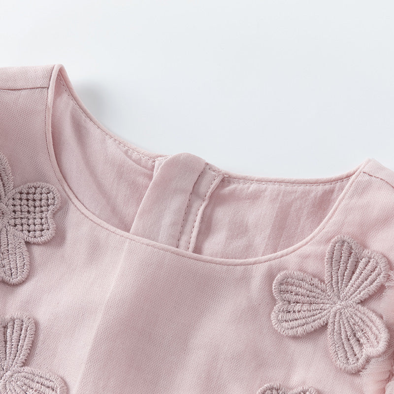 فستان للبنات الصغيرات بأكمام طويلة من التول الوردي بتصميم أنيق مزين بتطريز دانتيل وزهور ثلاثية الأبعاد