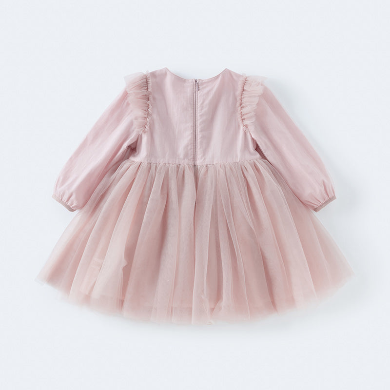 فستان للبنات الصغيرات بأكمام طويلة من التول الوردي بتصميم أنيق مزين بتطريز دانتيل وزهور ثلاثية الأبعاد