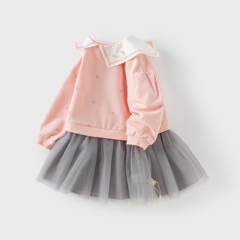 فستان بنات طويل الأكمام وردي لطيف بتنورة تول رمادي فاتح بأسلوب أميرة