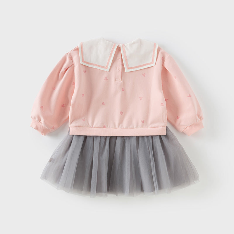 فستان بنات طويل الأكمام وردي لطيف بتنورة تول رمادي فاتح بأسلوب أميرة