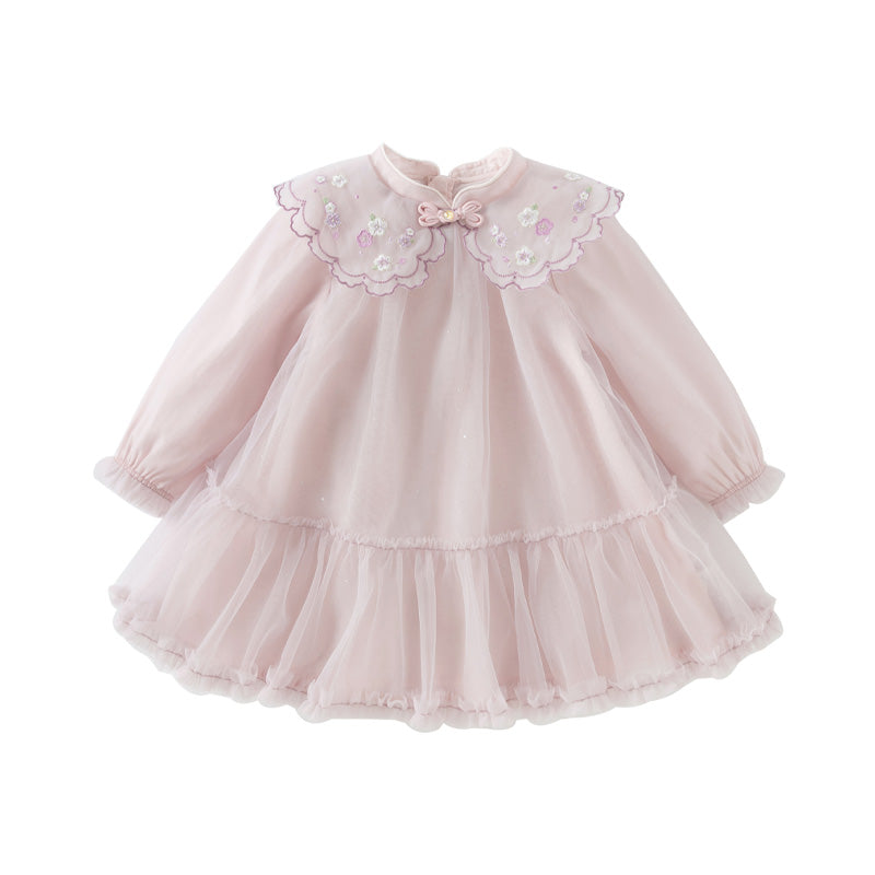 فستان أميرة شبكي للفتيات الصغيرات بأكمام طويلة باللون بنفسجي غباري لفصلي الربيع / الخريف