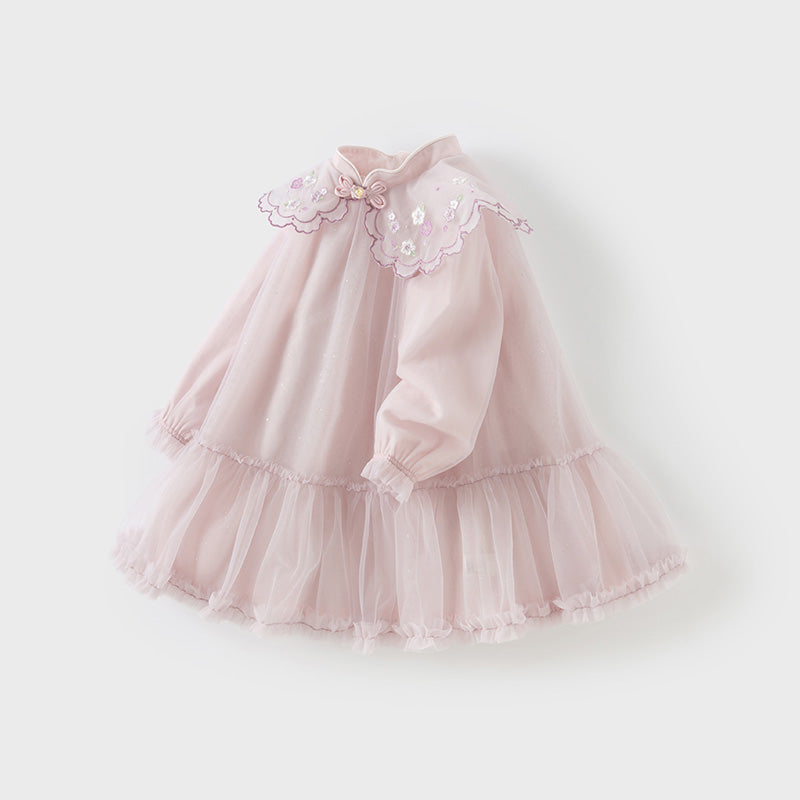 فستان أميرة شبكي للفتيات الصغيرات بأكمام طويلة باللون بنفسجي غباري لفصلي الربيع / الخريف