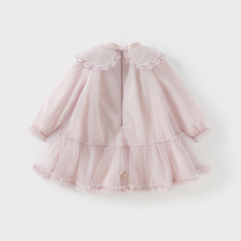 فستان أميرة شبكي للفتيات الصغيرات بأكمام طويلة باللون بنفسجي غباري لفصلي الربيع / الخريف