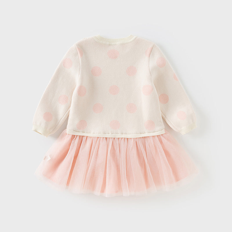 فستان للبنات الصغيرات بأكمام طويلة من التول الوردي مع عناصر محبوكة وزخرفة الأرنب