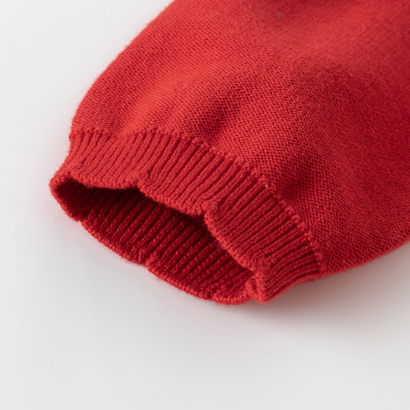 فستان للأطفال بأكمام طويلة من التريكو الأحمر مع تنورة من التول، مزين بياقة دمية بتصميم زهري