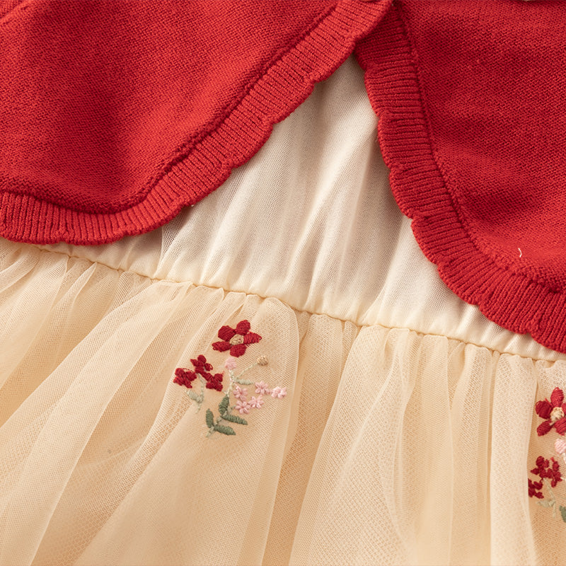 فستان للأطفال بأكمام طويلة من التريكو الأحمر مع تنورة من التول، مزين بياقة دمية بتصميم زهري