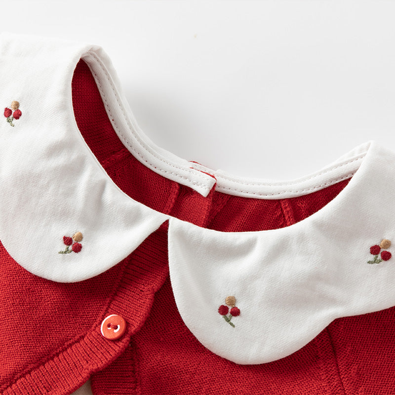 فستان للأطفال بأكمام طويلة من التريكو الأحمر مع تنورة من التول، مزين بياقة دمية بتصميم زهري