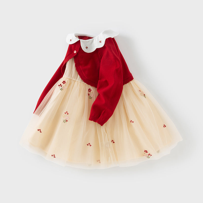 فستان للأطفال بأكمام طويلة من التريكو الأحمر مع تنورة من التول، مزين بياقة دمية بتصميم زهري