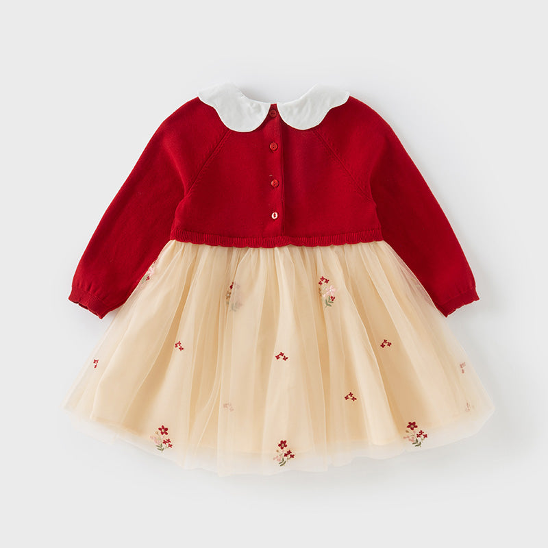 فستان للأطفال بأكمام طويلة من التريكو الأحمر مع تنورة من التول، مزين بياقة دمية بتصميم زهري