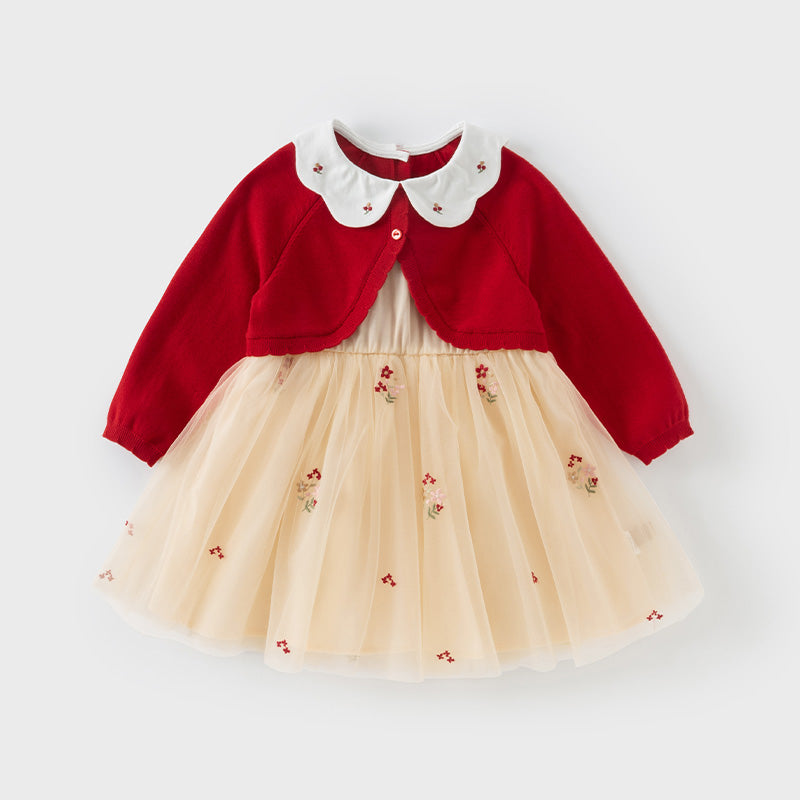 فستان للأطفال بأكمام طويلة من التريكو الأحمر مع تنورة من التول، مزين بياقة دمية بتصميم زهري