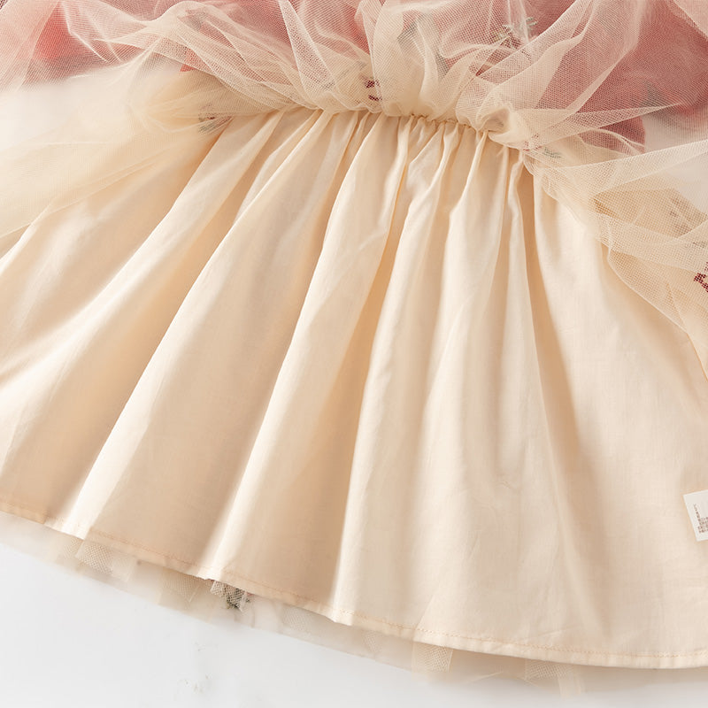 فستان للأطفال بأكمام طويلة من التريكو الأحمر مع تنورة من التول، مزين بياقة دمية بتصميم زهري