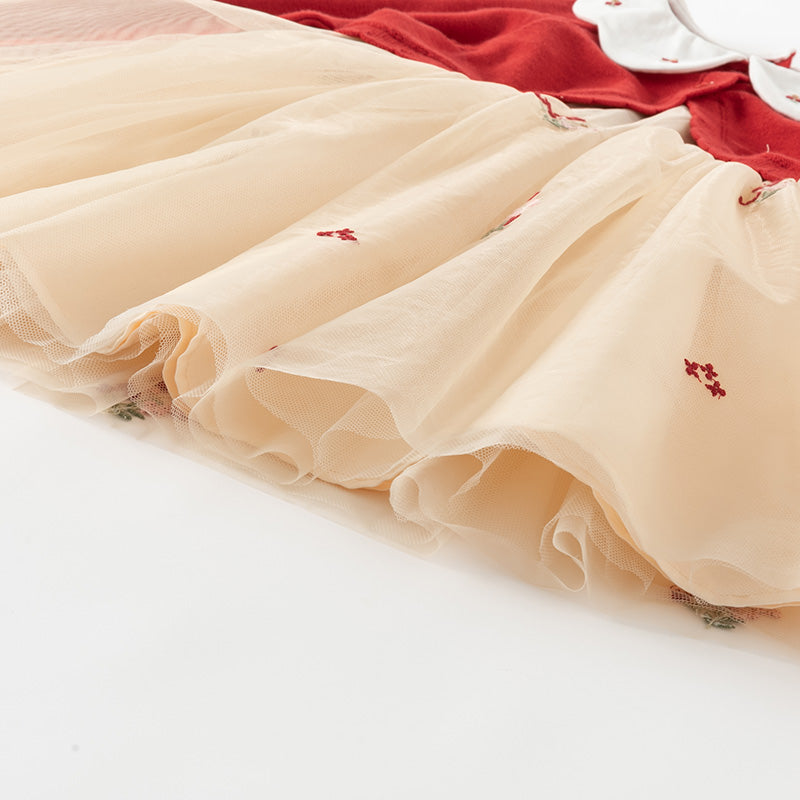 فستان للأطفال بأكمام طويلة من التريكو الأحمر مع تنورة من التول، مزين بياقة دمية بتصميم زهري