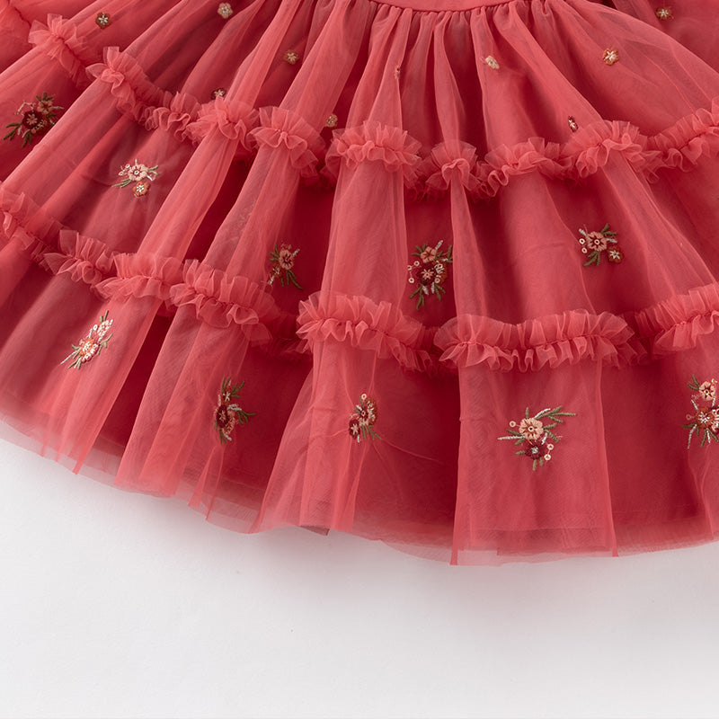 فستان بنات طويل الأكمام من التول باللون الأحمر بأسلوب أميرة