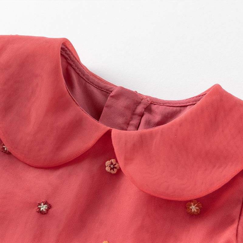 فستان بنات طويل الأكمام من التول باللون الأحمر بأسلوب أميرة