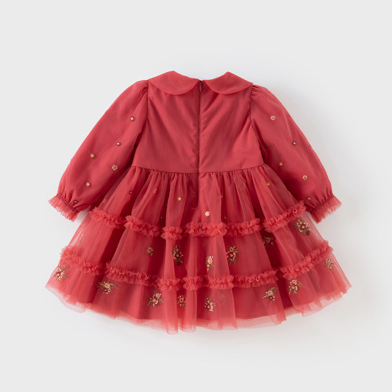 فستان بنات طويل الأكمام من التول باللون الأحمر بأسلوب أميرة