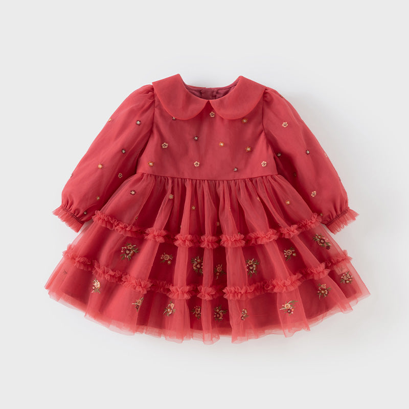 فستان بنات طويل الأكمام من التول باللون الأحمر بأسلوب أميرة