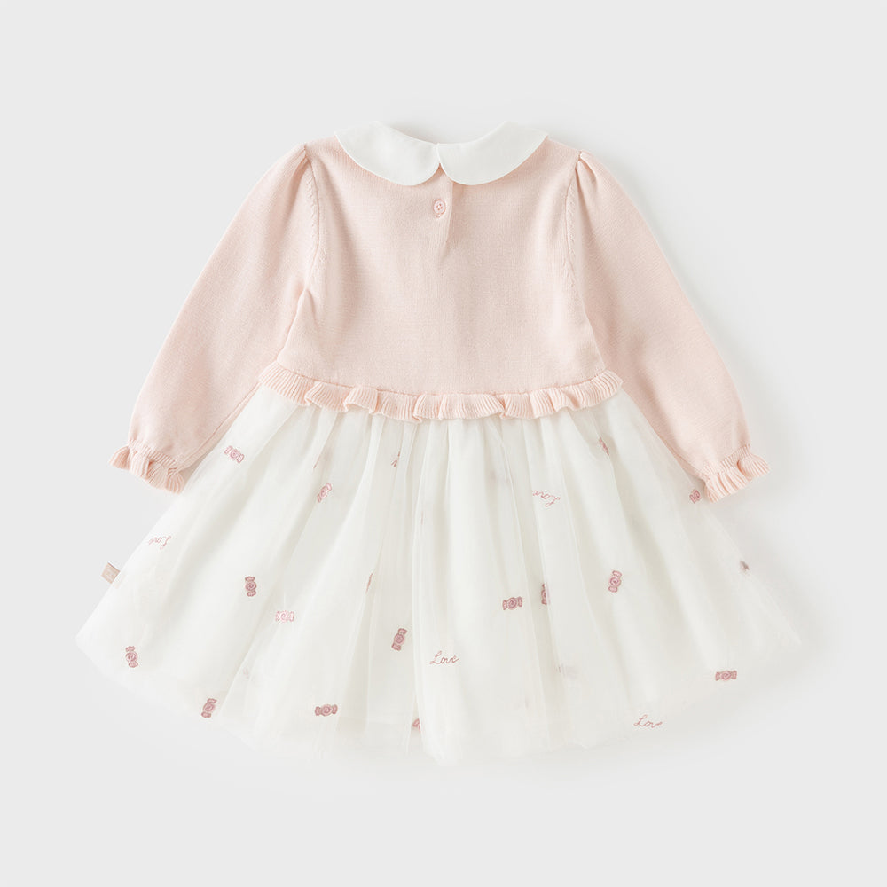 فستان بناتي طويل الأكمام باللون الوردي من القماش المحبوك، بتنورة تول بأسلوب أميرة
